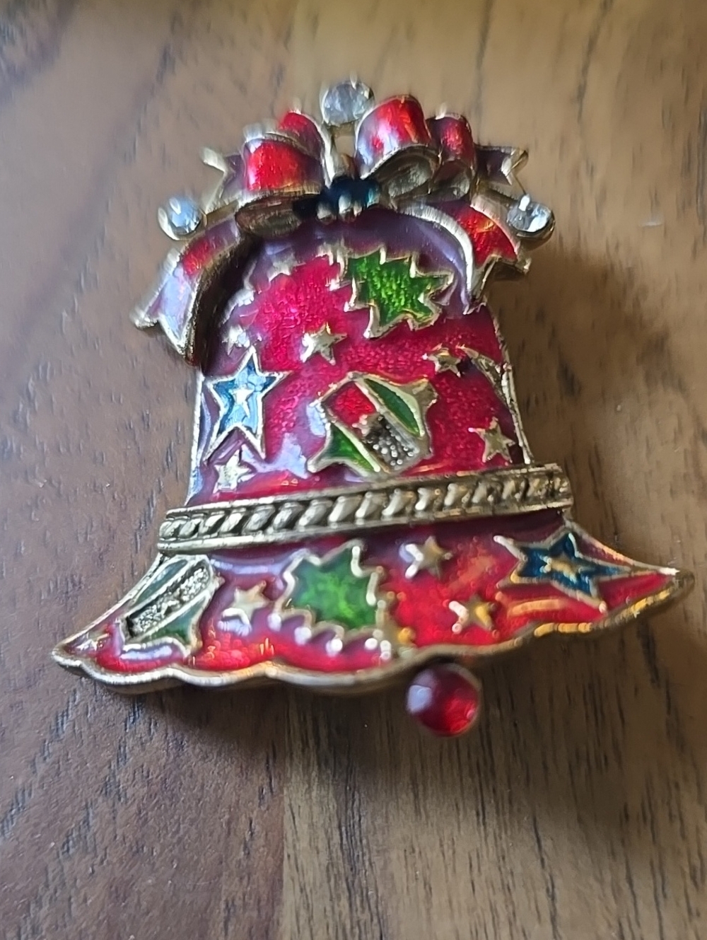 Red Enamel Holiday Bell Pin with Green Accents